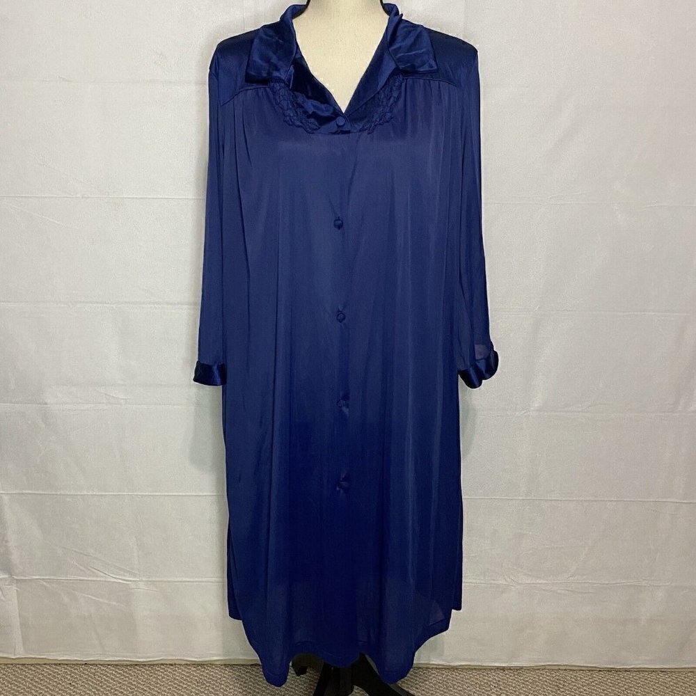 Vintage Vanity Fair Blue Robe Embroidered Button Down Nylon Plus Size Medium